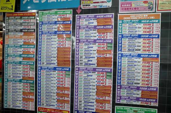 TSUKUMO eX.のDDR5メモリ価格表。2025年11月14日夕方撮影