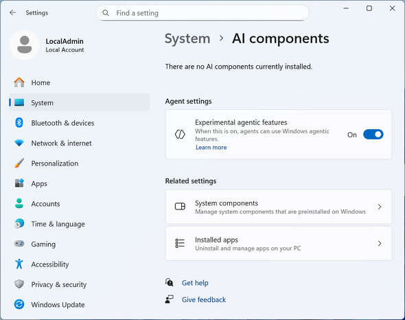 Insider Preview��Build 26220.7262�Œǉ����ꂽ�uExperimental agentic features�v�̃X�C�b�`