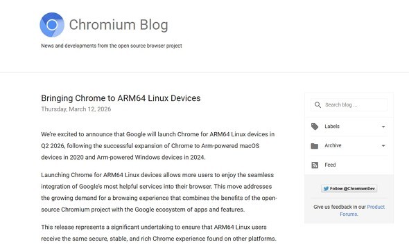 Google��Arm64 Linux��Chrome�̃����[�X�𔭕\����