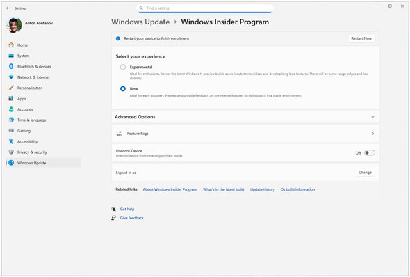 �V����Windows Insider Preview�̑I�����