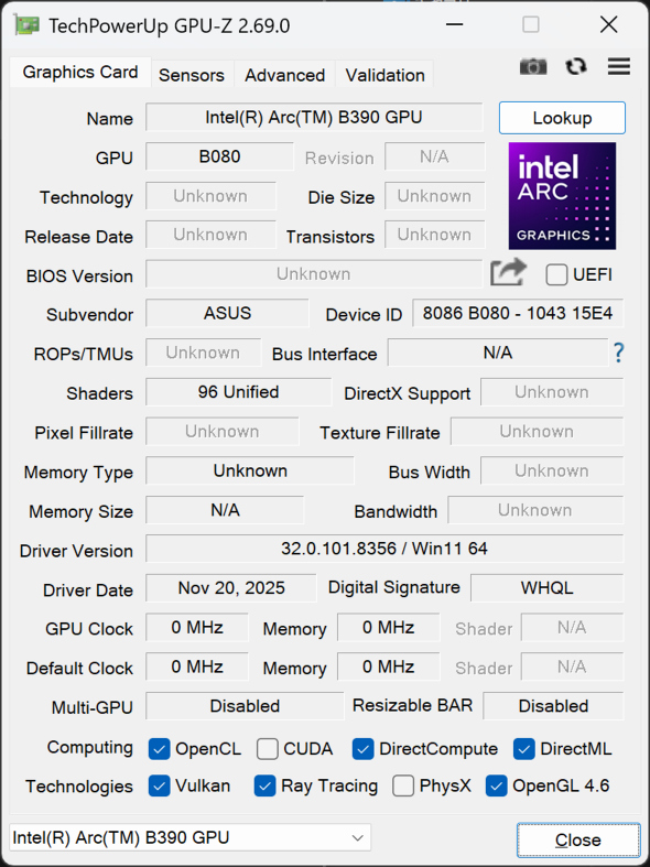 CPU統合GPUは、Xeコア12基のIntel Arc B390だ