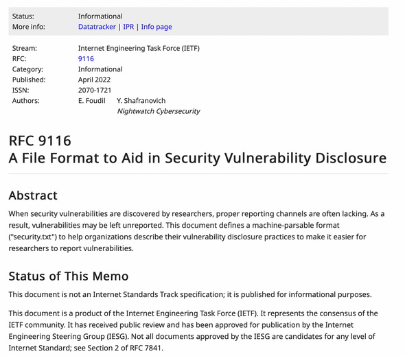 RFC 9116: A File Format to Aid in Security Vulnerability Disclosure
